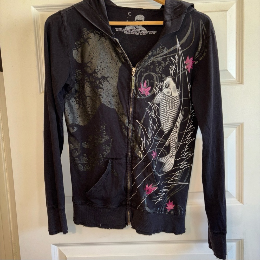 District 81-3 Black M Koi Fish Streetwear Grunge Hoodie Asian Art Y2K Goth Japan